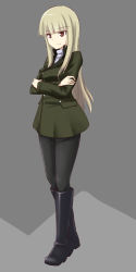 Rule 34 | 1girl, a9b (louis814), black footwear, black pantyhose, blonde hair, boots, brown eyes, crossed arms, full body, grete m. gollob, highres, knee boots, long hair, long sleeves, military, military uniform, pantyhose, smile, solo, strike witches, two-tone background, uniform, world witches series