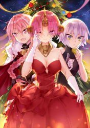 Rule 34 | 1boy, 2girls, :o, amicis (amisic), astolfo (fate), bare shoulders, black dress, braid, breasts, cape, christmas, christmas tree, cleavage, clothes lift, commentary, dress, dress lift, english commentary, eyes visible through hair, fate/apocrypha, fate/grand order, fate (series), frankenstein&#039;s monster (fate), fur-trimmed cape, fur trim, gloves, grey hair, hair over eyes, hand on own chin, headgear, highres, horns, jack the ripper (fate/apocrypha), large breasts, long hair, looking at viewer, merry christmas, multiple girls, one eye closed, pink eyes, pink hair, red dress, short hair, single braid, single horn, smile, strapless, strapless dress, thumbs up, white gloves, yellow eyes
