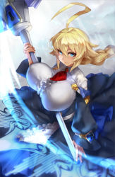 Rule 34 | 1girl, ahoge, ascot, blazblue, blonde hair, blue eyes, braid, breasts, center frills, closed mouth, cowboy shot, dress, es (xblaze), eu03, frills, hair between eyes, holding, holding weapon, huge ahoge, huge breasts, impossible clothes, impossible shirt, long hair, long sleeves, looking at viewer, shirt, single braid, solo, underbust, weapon, wide sleeves, xblaze, xblaze code: embryo