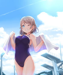 Rule 34 | 10s, 1girl, blue eyes, blue sky, blue one-piece swimsuit, breasts, brown hair, cameltoe, cloud, cloudy sky, competition swimsuit, covered navel, day, grin, groin, highres, holding, holding towel, kanabun, light brown hair, looking at viewer, love live!, love live! sunshine!!, medium breasts, one-piece swimsuit, one eye closed, outdoors, pool, short hair, sky, smile, solo, swimsuit, teeth, thighs, towel, watanabe you, wet