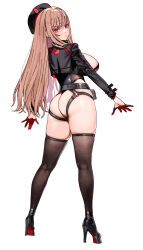 Rule 34 | 1girl, adapted costume, ass, black footwear, black gloves, black jacket, black leotard, black thighhighs, breasts, brown hair, closed mouth, commentary, conto, cropped jacket, from behind, gloves, goddess of victory: nikke, half gloves, high heels, highres, jacket, large breasts, leotard, long hair, long sleeves, looking at viewer, looking back, rapi (nikke), red eyes, simple background, solo, standing, thighhighs, thong leotard, v-shaped eyebrows, white background