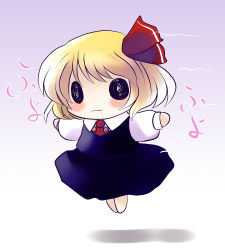 Rule 34 | 1girl, :3, blonde hair, blush stickers, dress, embodiment of scarlet devil, female focus, flying, gradient background, hair ribbon, o o, outstretched arms, ribbon, rumia, saliva, solo, touhou, yume shokunin