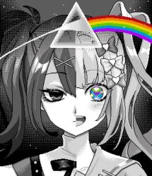Rule 34 | 1girl, ame-chan (needy girl overdose), blue eyes, bow, chouzetsusaikawa tenshi-chan, closed mouth, commentary, dark side of the moon, dual persona, eencya, english commentary, expressionless, hair bow, hair ornament, heart, heart hair ornament, long hair, looking at viewer, multicolored hair, multiple hair bows, needy girl overdose, official art, open mouth, pink floyd, pixel art, portrait, rainbow, sailor collar, second-party source, shirt, smile, solo, split screen, split theme, spot color, triangle, x hair ornament