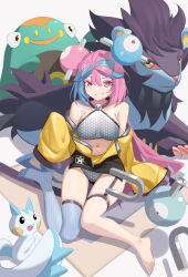 Rule 34 | 1girl, absurdres, bare shoulders, barefoot, bellibolt, blue hair, bow-shaped hair, breasts, character hair ornament, colored sclera, creatures (company), crop top, game freak, garter straps, gen 1 pokemon, gen 4 pokemon, grey thighhighs, grin, hair ornament, halterneck, hexagon print, highres, iono (pokemon), jacket, legs, long hair, looking at viewer, low-tied long hair, luai, luxray, magnemite, medium breasts, midriff, multicolored hair, navel, nintendo, oversized clothes, pachirisu, pink eyes, pink hair, pokemon, pokemon (creature), pokemon sv, red sclera, sharp teeth, shirt, single thighhigh, sitting, sleeveless, sleeveless shirt, sleeves past fingers, sleeves past wrists, smile, split-color hair, teeth, thigh gap, thigh strap, thighhighs, toes, twintails, two-tone hair, very long hair, very long sleeves, yellow eyes, yellow jacket
