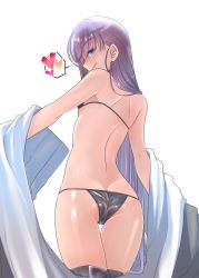 Rule 34 | 1girl, ass, back, bare shoulders, bikini, black bikini, blue eyes, butt crack, fate/grand order, fate (series), heart, highres, long hair, looking at viewer, looking to the side, meltryllis, meltryllis (fate), meltryllis (swimsuit lancer) (fate), mentaiko mamire, prosthesis, prosthetic leg, purple hair, shiny skin, simple background, string bikini, swimsuit, thigh gap, tongue, tongue out, white background