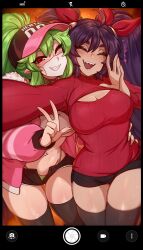 Rule 34 | 2girls, ahoge, bikini, black shorts, closed eyes, crossover, green bikini, green hair, hair ribbon, hand up, hat, highres, jacket, lenea (eldrid alm), linnaea (silviathepony), long hair, looking at viewer, mask, merunyaa, mouth mask, multiple girls, navel, navel piercing, one eye closed, open clothes, open fly, open jacket, open mouth, open shorts, original, piercing, pink jacket, ponytail, reaching, reaching towards viewer, red ribbon, red sweater, ribbon, selfie, shorts, skindentation, sweater, swimsuit, thighhighs, twintails, w