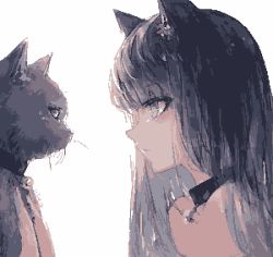 Rule 34 | 1girl, animal, animal ear fluff, animal ears, artist name, bad id, bad pixiv id, bare shoulders, bell, black cat, black hair, blue eyes, blush, cat, cat ears, cat girl, closed mouth, collar, from side, holding, holding animal, holding cat, jingle bell, kisei2, long hair, original, pixel art, profile, simple background, solo, upper body, whiskers, white background