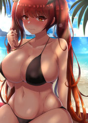 Rule 34 | 1girl, azur lane, bare shoulders, beach, bikini, black bikini, black ribbon, blue sky, blush, breasts, cleavage, closed mouth, collarbone, day, groin, hair ribbon, hand up, highres, honolulu (azur lane), honolulu (summer accident?!) (azur lane), large breasts, long hair, looking at viewer, ocean, outdoors, red eyes, red hair, ribbon, sand, shade, sidelocks, skindentation, sky, solo, sunlight, swimsuit, takanotsume, twintails