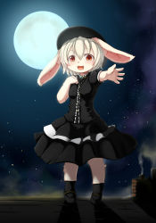 Rule 34 | 1girl, animal ears, dress, female focus, furry, furry female, hat, kagerofu, looking at viewer, moon, night, open mouth, outdoors, rabbit ears, reaching, red eyes, rooftop, sky, smile, solo, standing, star (symbol), white hair