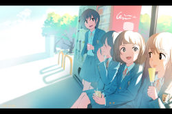 Rule 34 | 4girls, black hair, blazer, blonde hair, blunt bangs, brown hair, covering own mouth, eye contact, food, hand over own mouth, happy, highres, inami hatoko, jacket, juice box, laughing, leaning back, letterboxed, licking, long hair, looking at another, looking to the side, medium hair, multiple girls, muted color, neck ribbon, open mouth, original, pleated skirt, popsicle, ribbon, school uniform, shade, shadow, short hair, sitting, skirt, sunlight, tongue, tongue out, tree, vending machine