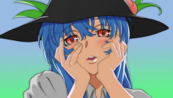 Rule 34 | 1girl, 502, blue hair, blush, derivative work, female focus, food, fruit, gasai yuno, hands on own cheeks, hands on own face, hat, hinanawi tenshi, leaf, long hair, looking at viewer, mirai nikki, open mouth, parody, peach, portrait, red eyes, solo, teeth, touhou, yandere, yandere trance