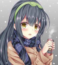 Rule 34 | 1girl, :o, bad id, bad pixiv id, black hair, blush, breasts, breath, buttons, can, coat, eyebrows, grey background, hairband, holding, long hair, long sleeves, looking at viewer, motion blur, plaid, plaid scarf, product placement, scarf, snowing, solo, tf (tfx2), touhoku zunko, upper body, vocaloid, voiceroid, winter, winter clothes, winter coat, yellow eyes