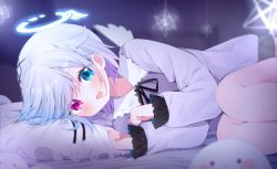 Rule 34 | 1girl, :d, amemiya nazuna, bed sheet, black ribbon, blue eyes, blurry, blurry background, blush, braid, collared shirt, commentary request, depth of field, deyui, fang, frilled pillow, frilled shirt collar, frills, gradient hair, grey hair, hair ornament, halo, heterochromia, knees up, long sleeves, looking at viewer, lying, multicolored hair, neck ribbon, on side, open mouth, pillow, puffy long sleeves, puffy sleeves, purple eyes, purple hair, purple shirt, ribbon, shirt, sleeves past wrists, smile, solo, virtual youtuber, vshojo, x hair ornament