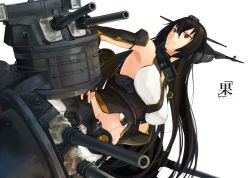 Rule 34 | &gt;:(, 10s, 1girl, armpits, black hair, blockhead bh, brown eyes, fingerless gloves, frown, gloves, hair between eyes, headgear, kantai collection, ladder, long hair, looking at viewer, machinery, midriff, nagato (kancolle), navel, simple background, solo, translation request, turret, v-shaped eyebrows, white background