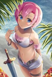 Rule 34 | 1girl, asymmetrical bangs, beach, belt, bikini, blue eyes, blush, bracelet, breasts, flower, from above, hair between eyes, highres, jewelry, looking at viewer, minakami mimimi, navel, ocean, open clothes, open shorts, original, palm leaf, parted bangs, pink hair, short hair, short shorts, shorts, small breasts, solo, stomach, swimsuit, sword, weapon, white bikini, white shorts