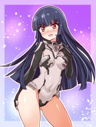 Rule 34 | 1girl, armored leotard, black gloves, blue hair, blush, breasts, commentary request, commission, cougar (cougar1404), covered navel, frown, gloves, grey leotard, leotard, long hair, long sleeves, looking at viewer, open mouth, orange eyes, partial commentary, shino-chan wa miteiru, skeb commission, small breasts, solo, standing, straight hair, sweatdrop, yoizaki shinoka