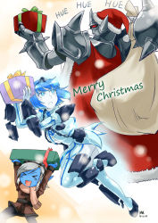 Rule 34 | 1boy, 2girls, beard, blue eyes, blue hair, blue skin, boots, christmas, colored skin, english text, facial hair, gender request, genderswap, gift, hat, highres, league of legends, mordekaiser, multiple girls, nam (valckiry), personification, santa hat, scarf, short hair, surprised, tristana, white hair, xerath