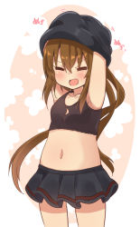 Rule 34 | 10s, 1girl, black skirt, blush, brown hair, closed eyes, fumizuki (kancolle), hair between eyes, highres, kantai collection, long hair, navel, open mouth, pleated skirt, ponytail, skirt, solo, stomach, suzuki toto, undressing, very long hair