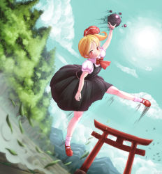 Rule 34 | 1girl, alternate hairstyle, ascot, blonde hair, blouse, cloud, cloudy sky, darkness, day, forest, furim, highres, leaf, mary janes, nature, puffy short sleeves, puffy sleeves, red eyes, rumia, shirt, shoes, short hair, short sleeves, skirt, sky, torii, touhou, tree, vest