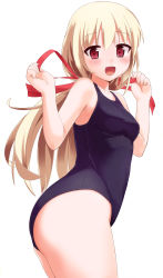 Rule 34 | 1girl, :d, arm up, bad id, bad nicoseiga id, blonde hair, blush, hair ribbon, highres, long hair, one-piece swimsuit, open mouth, original, red eyes, ribbon, sawada yuusuke, simple background, smile, solo, swimsuit, white background