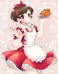 1girl :3 apple_pie apron back_bow blush bow bow_hairband breasts brown_hair closed_mouth collared_dress commentary_request cowboy_shot dress floating_clothes floral_background food food_on_face fork frilled_apron frilled_sleeves frills hair_ribbon hairband hands_up highres holding holding_fork holding_plate inset_border looking_at_viewer looking_to_the_side momomajinbone no_pupils original outside_border parted_lips petticoat pie pie_slice pink_background plate puffy_short_sleeves puffy_sleeves raised_eyebrows red_dress red_eyes red_hairband red_ribbon ribbon short_dress short_hair short_sleeves sideways_glance small_breasts smile solo thick_eyelashes three_quarter_view white_apron white_bow