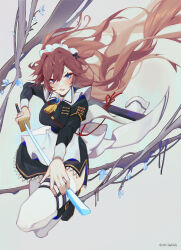 Rule 34 | 1girl, apron, artist name, black footwear, blue eyes, blush, breasts, brown hair, chilakkk, collar, commentary request, full body, hair between eyes, highres, holding, holding sword, holding weapon, katana, large breasts, long hair, long sleeves, looking at viewer, maid apron, maid headdress, medium breasts, original, parted lips, simple background, smile, solo, sword, thighhighs, very long hair, weapon, white background, white thighhighs