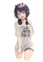 Rule 34 | 1girl, absurdres, black shorts, blunt bangs, cowboy shot, fang, hair flaps, hair ornament, hairclip, headphones, headphones around neck, highres, hololive, hololive english, mole, mole under eye, ninomae ina&#039;nis, ninomae ina&#039;nis (loungewear), ocha (ocha illust), official alternate costume, official alternate hairstyle, open mouth, pointy ears, purple eyes, purple hair, shirt, short hair, short shorts, short sleeves, shorts, simple background, solo, t-shirt, teeth, tongue, virtual youtuber, white background, white shirt