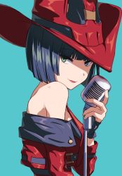 Rule 34 | 1girl, back, bad id, bad twitter id, bare shoulders, bbhdrrr, black hair, blue background, blue eyes, bob cut, breasts, cleavage, dress, from side, green eyes, guilty gear, guilty gear xrd, hat, heterochromia, highres, i-no, looking at viewer, microphone, mole, mole above mouth, o-ring, o-ring top, red hat, shaded face, short dress, short sleeves, simple background, solo, witch, witch hat