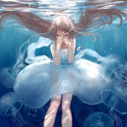 Rule 34 | 1girl, blue eyes, brown hair, bubble, daro (645046276), dress, closed eyes, floating hair, green eyes, half-closed eyes, hands on own face, jellyfish, long hair, original, ran (bukeranwu), reflection, solo, transparent, underwater, very long hair, water, wet, wet clothes, white dress