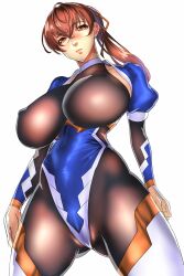 Rule 34 | 1girl, bodysuit, breasts, brown eyes, brown hair, covered erect nipples, curvy, dead or alive, from above, highleg, highleg leotard, highres, huge breasts, judge (oekaki), kasumi (doa), leotard, long hair, ponytail, shiny clothes, taimanin (series), taimanin suit, wide hips