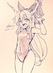 Rule 34 | 1girl, alternate costume, bare legs, bow, breasts, commentary request, competition swimsuit, covered navel, cowboy shot, d-m (dii emu), eyelashes, fang, greyscale, hair bow, hand on own hip, horns, ibuki suika, looking at viewer, monochrome, one-piece swimsuit, oni horns, open mouth, sketch, small breasts, swimsuit, touhou, traditional media, v, wristband