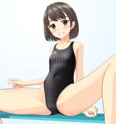 Rule 34 | 1girl, absurdres, bench, black hair, black one-piece swimsuit, blue background, blue eyes, bob cut, breasts, clothes writing, competition swimsuit, covered navel, grin, highleg, highleg swimsuit, highres, logo, looking at viewer, mizuno (brand), mole, mole under eye, one-piece swimsuit, original, short hair, sitting, small breasts, smile, solo, spread legs, striped clothes, striped one-piece swimsuit, swimsuit, takafumi