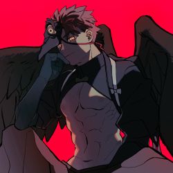 Rule 34 | 1boy, absurdres, bare pectorals, black gloves, black wings, closed mouth, emiya shirou, fate/grand order, fate (series), gloves, glowing, glowing eyes, head rest, highres, lonelyethyl, looking at viewer, male focus, mask, messy hair, muscular, pectorals, red background, red hair, senji muramasa (fate), simple background, sitting, smile, solo, wings, yellow eyes