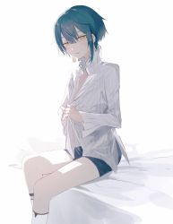 Rule 34 | 1boy, androgynous, bad id, bad twitter id, blue hair, blush, collared shirt, earrings, frills, genshin impact, highres, holding, holding clothes, holding shirt, jewelry, long sleeves, looking at viewer, male focus, open clothes, open mouth, open shirt, shirt, short hair, shorts, simple background, single earring, smile, solo, white background, white shirt, xingqiu (genshin impact), yellow eyes, yoko (nz g)