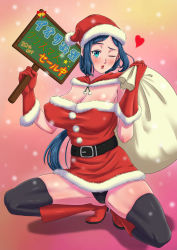 Rule 34 | 10s, 1girl, belt, black panties, black thighhighs, blue eyes, blue hair, blush, boots, breasts, cameltoe, christmas, cleavage, covered erect nipples, fur trim, gloves, gundam, gundam build fighters, hat, heart, holding, holding sign, huge breasts, iori rinko, lips, long hair, looking at viewer, matching hair/eyes, mature female, one eye closed, panties, ponytail, red gloves, sack, santa costume, santa hat, shadow, sign, snow, snowing, solo, squatting, t.a.c.k., tack (dnet), thighhighs, translation request, underwear
