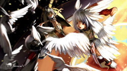 Rule 34 | 2girls, bad id, bad pixiv id, bird, blonde hair, bodypaint, boots, brown eyes, facepaint, feathers, hat, headdress, highres, horns, long hair, multiple girls, navel, observerz, outstretched arms, pixiv fantasia, pixiv fantasia 5, red eyes, silver hair, thigh boots, thighhighs, top hat, very long hair, wallpaper, wings