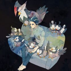 Rule 34 | 1boy, barefoot, bird, black background, black eyes, black hair, closed mouth, collared shirt, commentary request, couch, creatures (company), game freak, gen 4 pokemon, highres, larry (pokemon), living (nsiring), looking to the side, male focus, nintendo, on lap, pants, pokemon, pokemon (creature), pokemon on lap, pokemon sv, shirt, short hair, sitting, staraptor, starly, toes