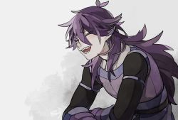 Rule 34 | 1boy, dated, drruraguchi, closed eyes, fengxi (the legend of luoxiaohei), grey background, highres, long hair, long sleeves, open mouth, pointy ears, purple hair, simple background, smile, solo, luo xiaohei zhanji, upper body