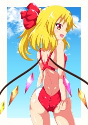 Rule 34 | 1girl, adjusting clothes, adjusting swimsuit, ass, blonde hair, competition swimsuit, flandre scarlet, from behind, kagayama hajime, looking back, one-piece swimsuit, red eyes, red one-piece swimsuit, short hair, side ponytail, solo, swimsuit, touhou, wings
