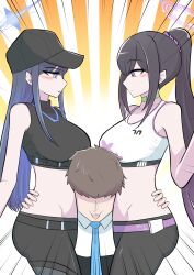 Rule 34 | 1boy, 2girls, absurdres, ass, bare shoulders, baseball cap, belt, black belt, black hair, black headwear, black pants, black shirt, blue archive, blue eyes, blue hair, blue necktie, breasts, brown hair, buckle, chest harness, choker, closed mouth, collarbone, collared shirt, commentary request, cowboy shot, crop top, emphasis lines, faceless, faceless male, flower, green choker, groin, hair between eyes, hair flower, hair ornament, hair scrunchie, halo, hamahyang, hand on another&#039;s hip, harness, hat, highres, korean commentary, long hair, looking at another, medium breasts, midriff, mixed-language commentary, multicolored hair, multiple girls, necktie, no coat, no mask, pants, ponytail, purple belt, purple eyes, purple scrunchie, saori (blue archive), scrunchie, sensei (blue archive), shirt, short hair, sidelocks, sleeveless, sleeveless shirt, snap-fit buckle, sports bra, standing, sumire (blue archive), trait connection, two-tone hair, underbust, very long hair, white shirt, white sports bra, yoga pants