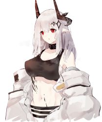 Rule 34 | 1girl, arknights, bandages, bare shoulders, black choker, breasts, choker, collarbone, commentary request, covered erect nipples, crop top, ear piercing, highres, horns, infection monitor (arknights), jacket, long hair, long sleeves, looking away, material growth, medium breasts, midriff, mudrock (arknights), mudrock (elite ii) (arknights), navel, off shoulder, open clothes, open jacket, oripathy lesion (arknights), piercing, pointy ears, red eyes, sarashi, silver hair, solo, sports bra, stardust-kun, stomach, sweat, upper body