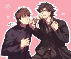 Rule 34 | 2boys, bad id, bad pixiv id, black eyes, black hair, black jacket, blood, blood in mouth, brown eyes, brown hair, clenched hands, command spell, cross, cross necklace, emiya kiritsugu, empty eyes, fate/zero, fate (series), fighting, formal, habit, jacket, jewelry, kotomine kirei, male focus, multiple boys, necklace, necktie, one eye closed, open mouth, pink background, punching, short hair, simple background, suit, zihad
