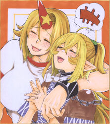 Rule 34 | +++, 2girls, absurdres, ahoge, arm around shoulder, black shirt, blonde hair, blush, bow, bowtie, breasts, brown shirt, chain, closed eyes, commentary request, cuffs, fang, fingernails, high ponytail, highres, horns, hoshiguma yuugi, large breasts, long hair, matsuri kyuuta, mizuhashi parsee, multiple girls, open mouth, orange background, own hands together, parted bangs, pointy ears, red horns, shared speech bubble, shirt, short hair, short ponytail, short sleeves, single horn, smile, speech bubble, spoken +++, star (symbol), t-shirt, touhou, traditional media, undershirt, upper body, white bow, white bowtie, white shirt, yuri