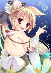 Rule 34 | 1girl, :d, absurdres, animal ears, back, back focus, backless outfit, bare shoulders, black bow, blonde hair, blue hair, blue scrunchie, blush, bow, braid, commentary request, detached sleeves, erune, fingernails, gradient hair, granblue fantasy, hair bow, hair ornament, hair scrunchie, hand up, highres, japanese clothes, kanopan, kimono, long hair, long sleeves, looking at viewer, looking back, multicolored hair, obi, open mouth, purple eyes, sash, scrunchie, sidelocks, smile, solo, very long hair, white kimono, wide sleeves, yuisis (granblue fantasy), yukata