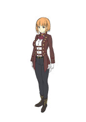 Rule 34 | 1girl, ascot, black footwear, black pants, boots, breasts, brown eyes, dungeon tou de yadoya wo yarou, full body, gloves, highres, jacket, large breasts, lotte gram, open clothes, open jacket, orange hair, pants, red ascot, red jacket, shirt, short hair, simple background, solo, tenmaso, white background, white gloves, white shirt