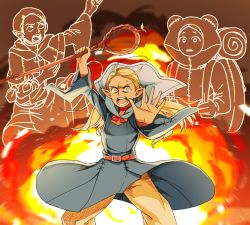 Rule 34 | 1girl, antenna hair, belt, blonde hair, capelet, character request, dungeon meshi, elf, explosion, highres, long hair, marcille donato, mochi (mochi444420), multiple views, pants, pointy ears, shouting, staff, sweat, wide sleeves, yellow eyes