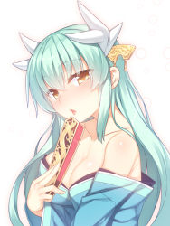 Rule 34 | 1girl, aqua hair, body blush, breasts, cleavage, fate/grand order, fate (series), hair ornament, hand fan, holding, horns, japanese clothes, kimono, kiyohime (fate), large breasts, long hair, looking at viewer, off shoulder, open mouth, racer (magnet), saliva, saliva trail, shiny skin, sidelocks, solo, tongue, upper body, yellow eyes