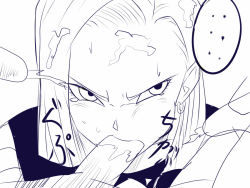 Rule 34 | 1girl, 3boys, android 18, angry, bob cut, cheek bulge, cum, cum in mouth, cum on hair, dragon ball, dragonball z, earrings, ejaculation, eyebrows, eyelashes, facial, fellatio, group sex, highres, hoop earrings, jewelry, looking at viewer, monochrome, multiple boys, nier (artist), oral, penis, raised eyebrows, short hair, simple background, solo focus, sound effects, tears, uncensored, upper body