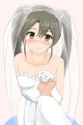 Rule 34 | 10s, 1girl, bare shoulders, blush, bridal veil, brown eyes, dress, flower, gloves, grey hair, hair flower, hair ornament, holding hands, jewelry, kantai collection, looking at viewer, nuppunuppu, pov, pov hands, ring, smile, solo focus, strapless, strapless dress, veil, wedding band, wedding dress, white dress, white gloves, zuikaku (kancolle)
