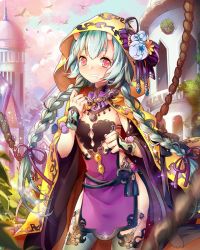 Rule 34 | 1girl, animal, arch, bad id, bad pixiv id, belt, bird, blue flower, blurry, blush, bow, braid, building, cloak, cloud, contrapposto, cowboy shot, day, depth of field, detached collar, detached sleeves, drooling, eyelashes, flat chest, flower, gem, hair ribbon, heart, hood, hooded cloak, horns, lace trim, leaf, lens flare, long hair, looking at viewer, miemia, official art, oni horns, outdoors, pelvic curtain, plant, pom pom (clothes), purple bow, purple ribbon, railing, ribbon, rope, shade, sky, solo, sparkle, standing, strapless, striped, striped bow, tassel, tenkuu no crystalia, thighhighs, tower, twin braids, twintails, wavy mouth, wide sleeves, window, yellow flower